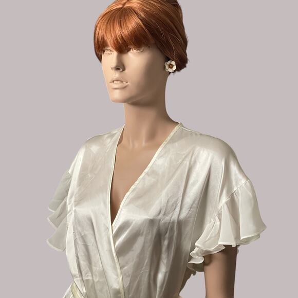Vintage Flora Nikrooz White Satin Robe Size Small Flutter Sleeve Maxi Lingerie - Picture 6 of 8